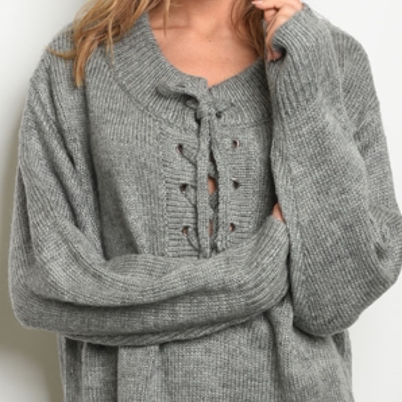 Grey Lace up sweater Dress - Picture 2 of 3